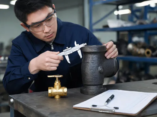 Quality technician measuring pipe fitting
