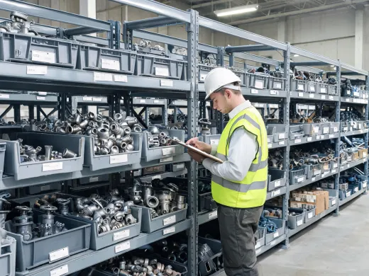 Warehouse coordinator checking valve inventory