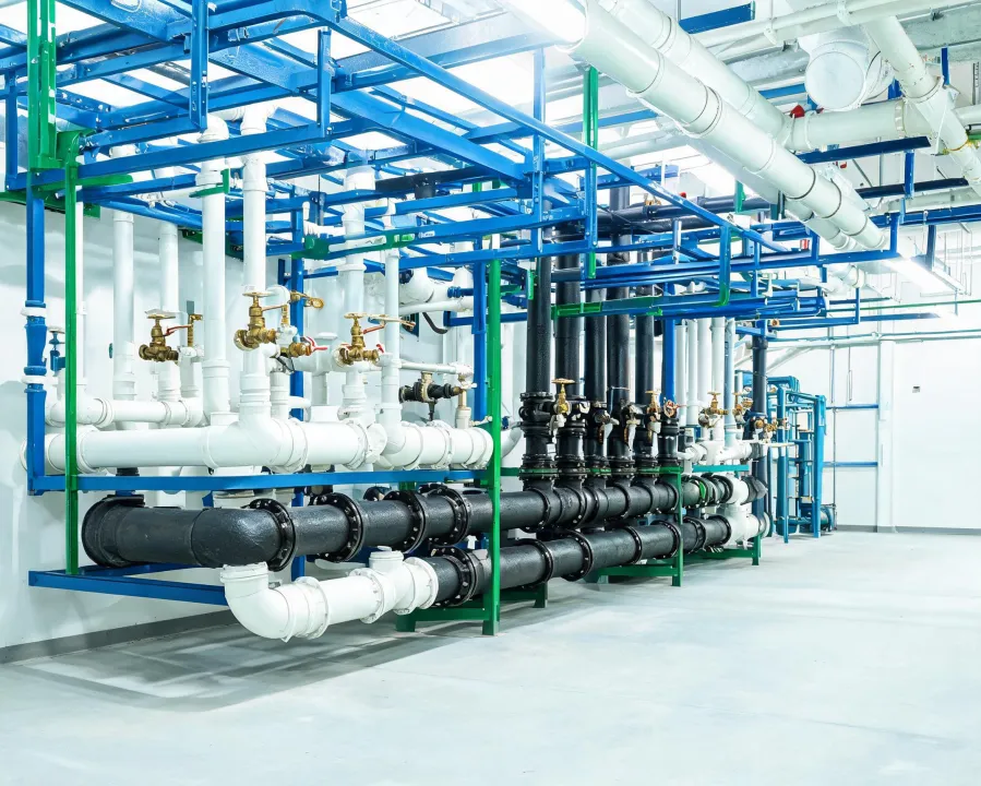 Pipe fittings and valves installed in a clean mechanical plant room